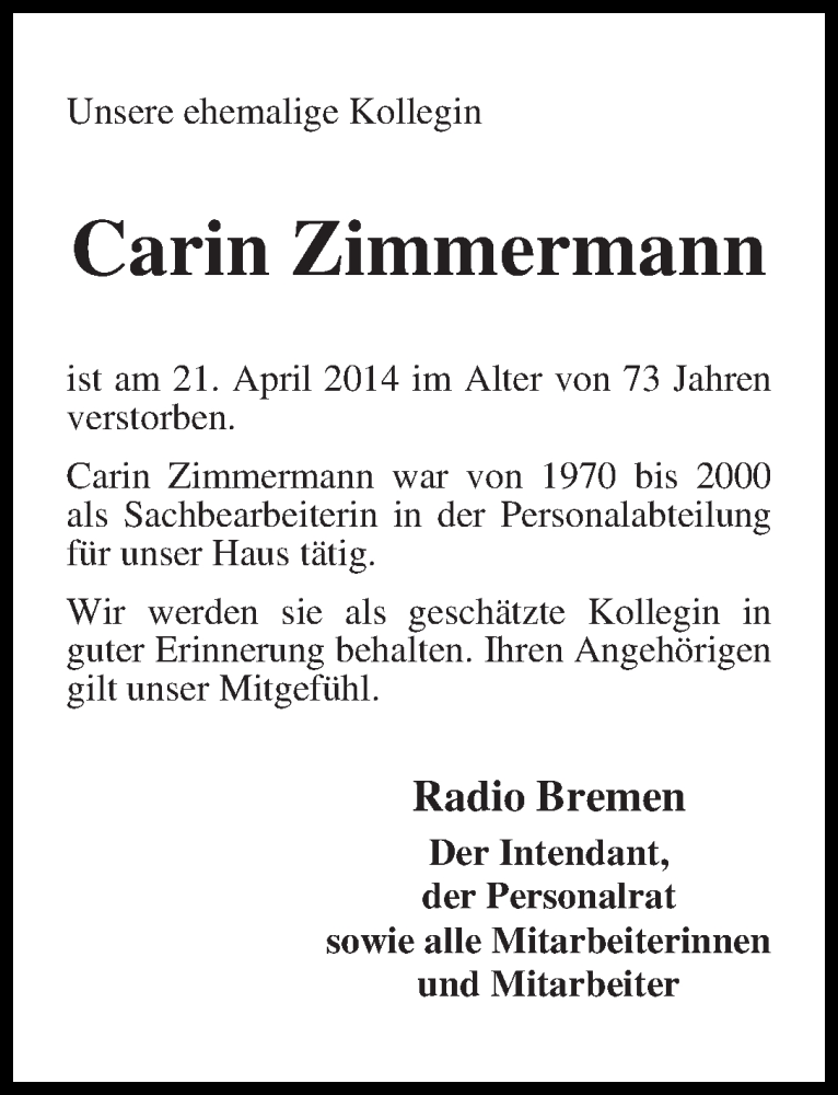 Traueranzeige von Carin Zimmermann von WESER-KURIER