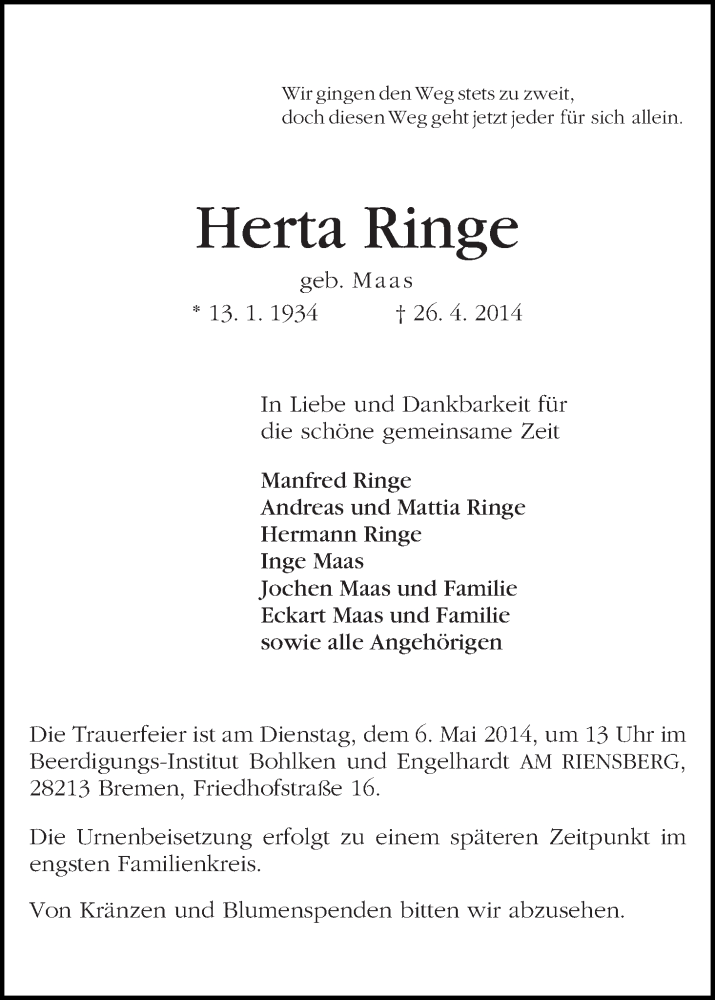 Traueranzeige von Herta Ringe von WESER-KURIER
