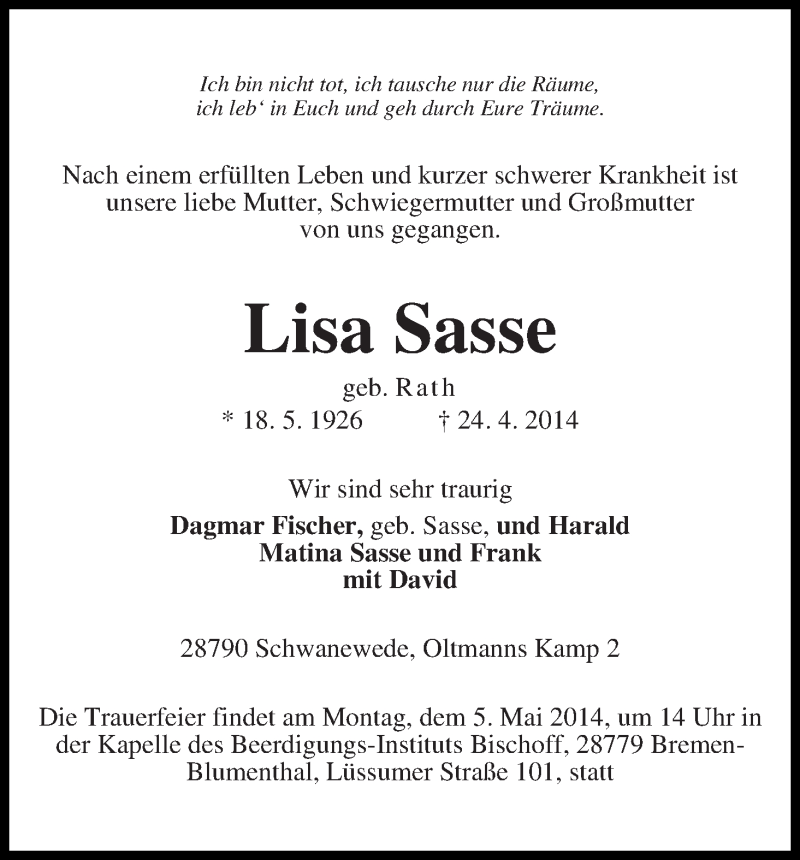 Traueranzeige von Lisa Sasse von Die Norddeutsche