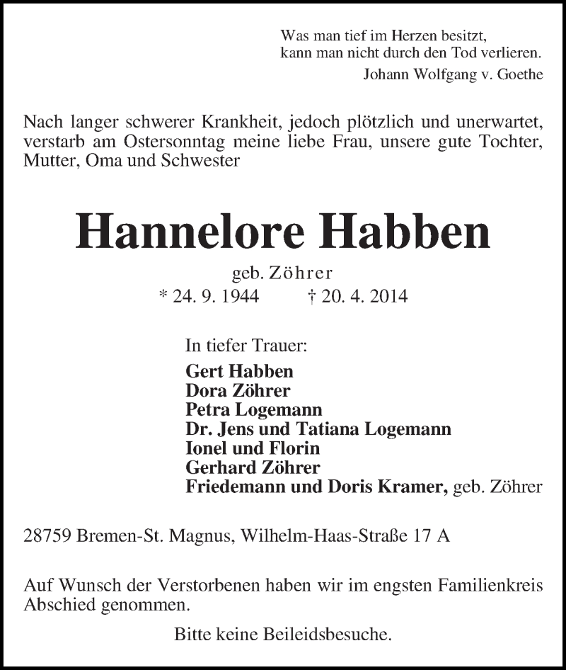 Traueranzeige von Hannelore Habben von Die Norddeutsche