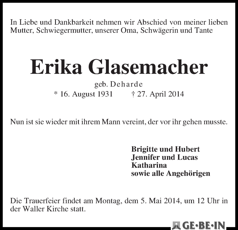 Traueranzeige von Erika Glasemacher von WESER-KURIER
