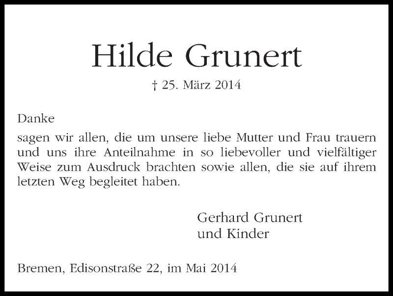 Traueranzeige von Hilde Grunert von WESER-KURIER