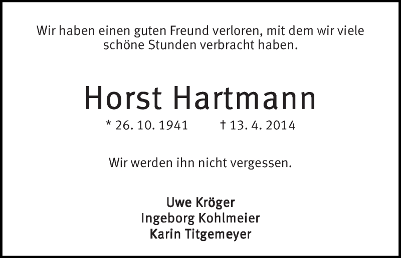 Traueranzeige von Horst Hartmann von WESER-KURIER