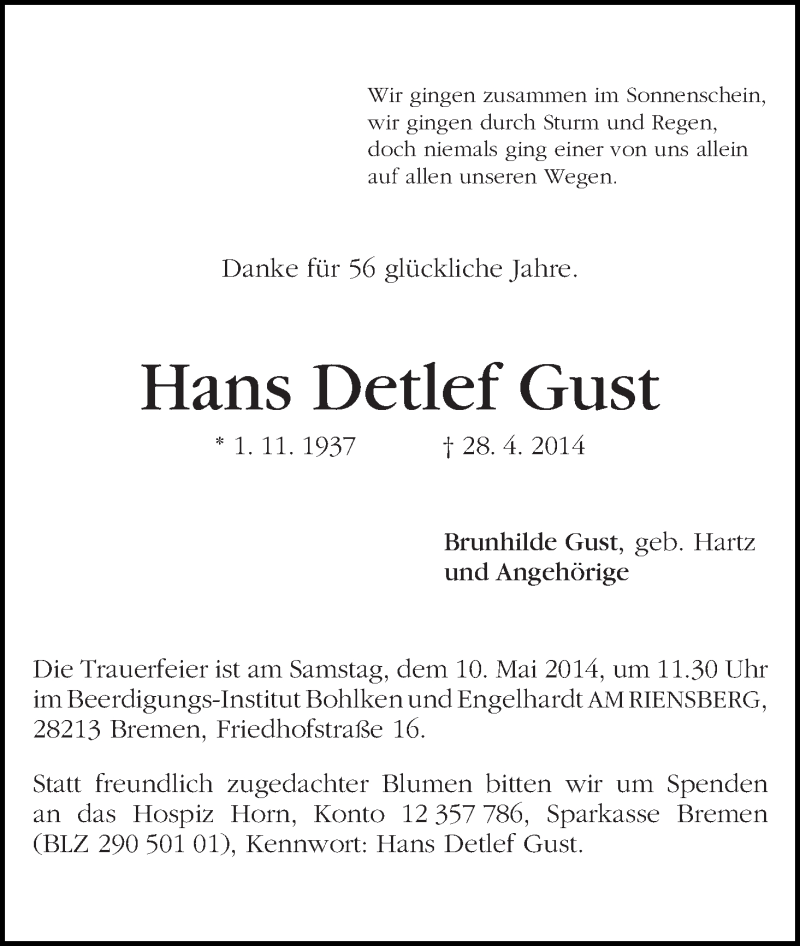 Traueranzeige von Hans Detlef Gust von WESER-KURIER
