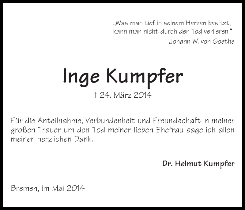 Traueranzeige von Inge Kumpfer von WESER-KURIER