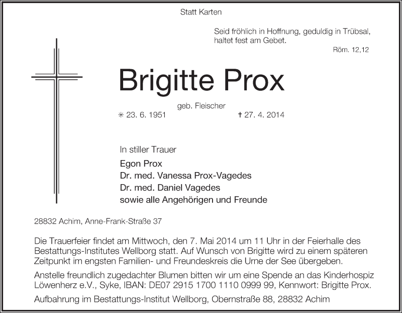 Traueranzeige von Brigitte Prox von Achimer Kurier/Verdener Nachrichten