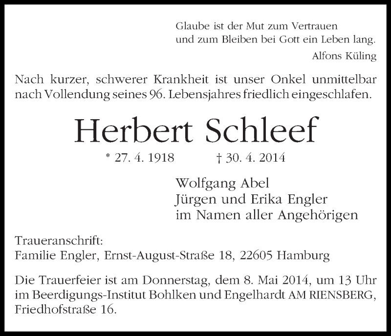 Traueranzeige von Herbert Schleef von WESER-KURIER