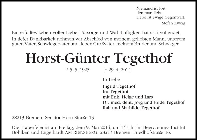 Traueranzeige von Horst-Günter Tegethof von WESER-KURIER