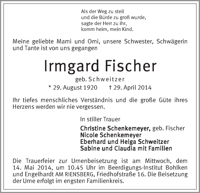 Traueranzeige von Irmgard Fischer von WESER-KURIER