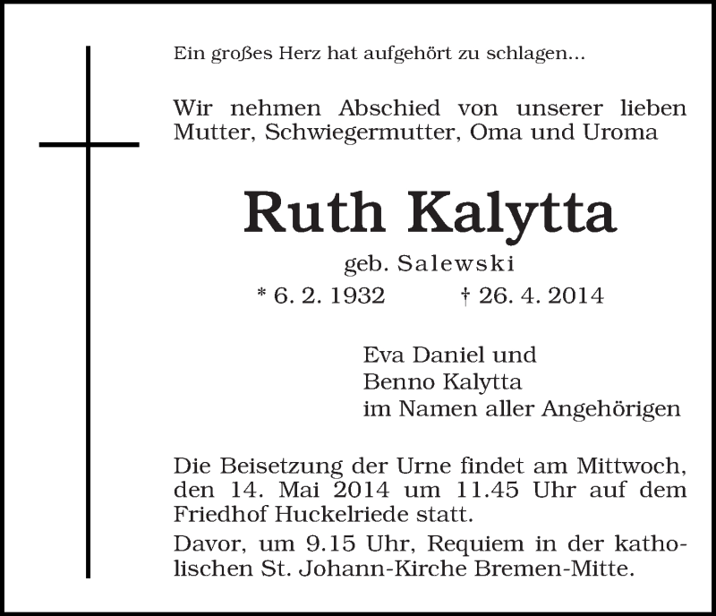 Traueranzeige von Ruth Kalytta von WESER-KURIER