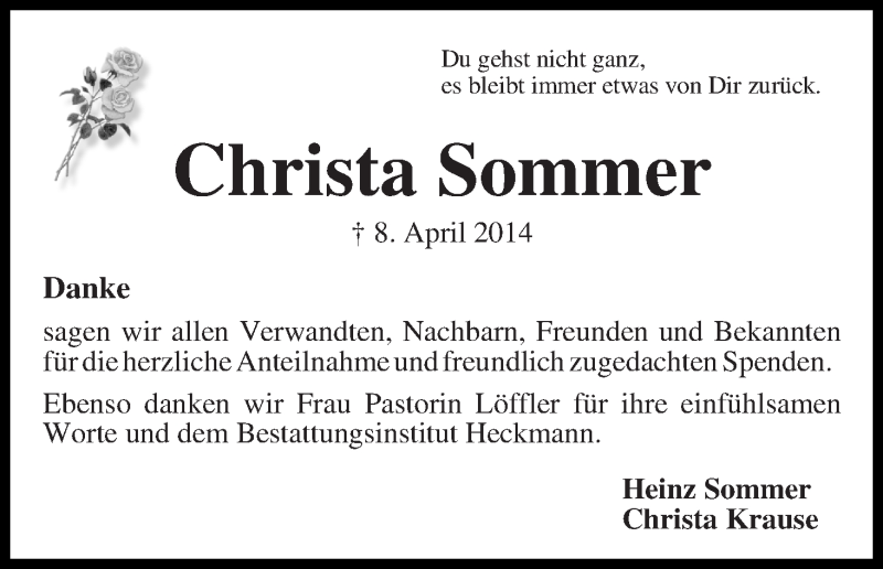 Traueranzeige von Christa Sommer von Die Norddeutsche