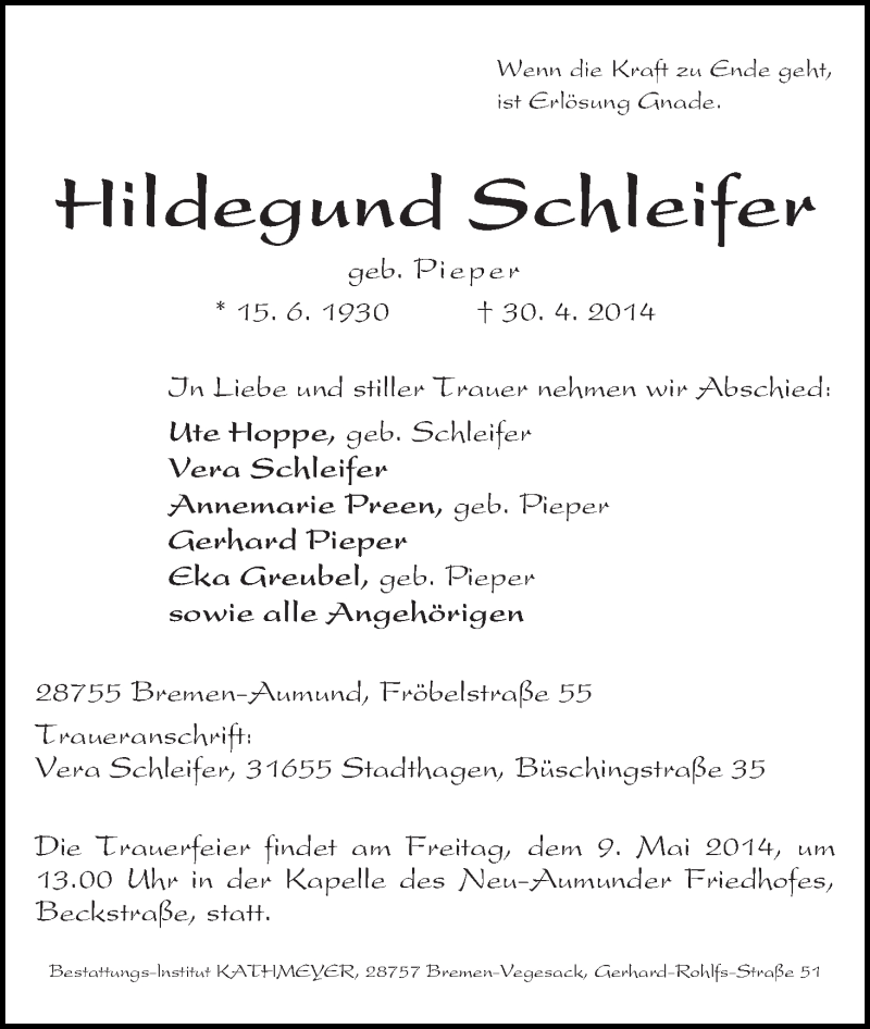 Traueranzeige von Hildegund Schleifer von Die Norddeutsche