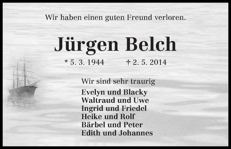 Traueranzeige von Jürgen Belch von WESER-KURIER