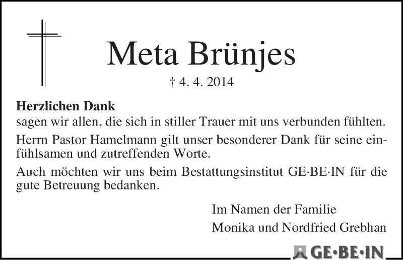 Traueranzeige von Meta Brünjes von WESER-KURIER