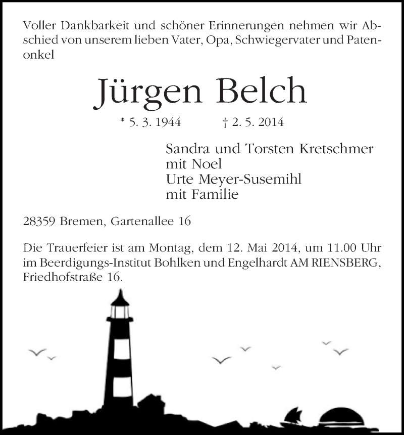 Traueranzeige von Jürgen Belch von Osterholzer Kreisblatt
