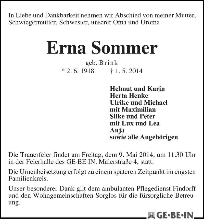 Traueranzeige von Erna Sommer von WESER-KURIER