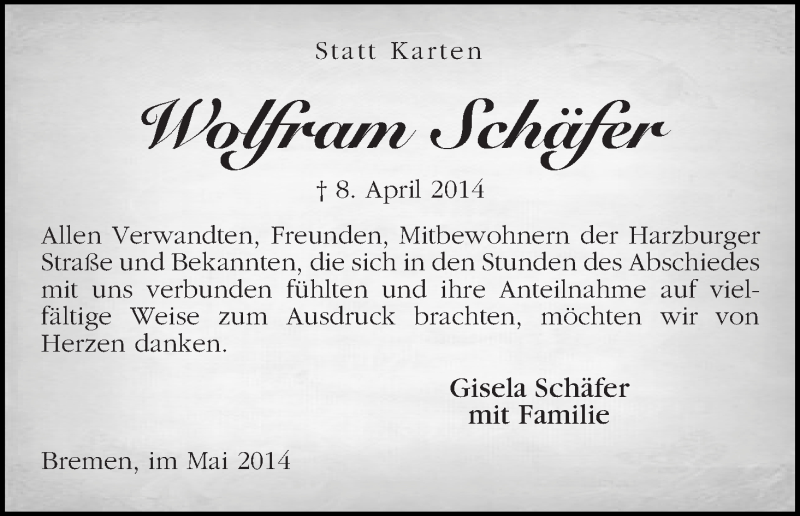 Traueranzeige von Wolfram Schäfer von WESER-KURIER