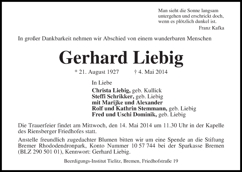 Traueranzeige von Gerhard Liebig von WESER-KURIER