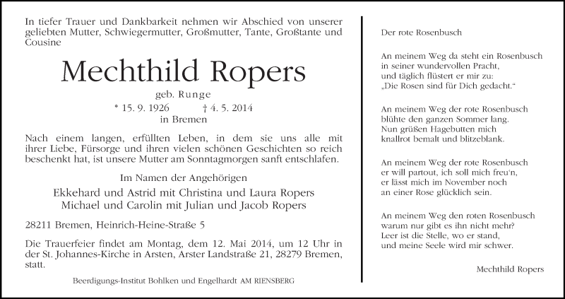 Traueranzeige von Mechthild Ropers von WESER-KURIER