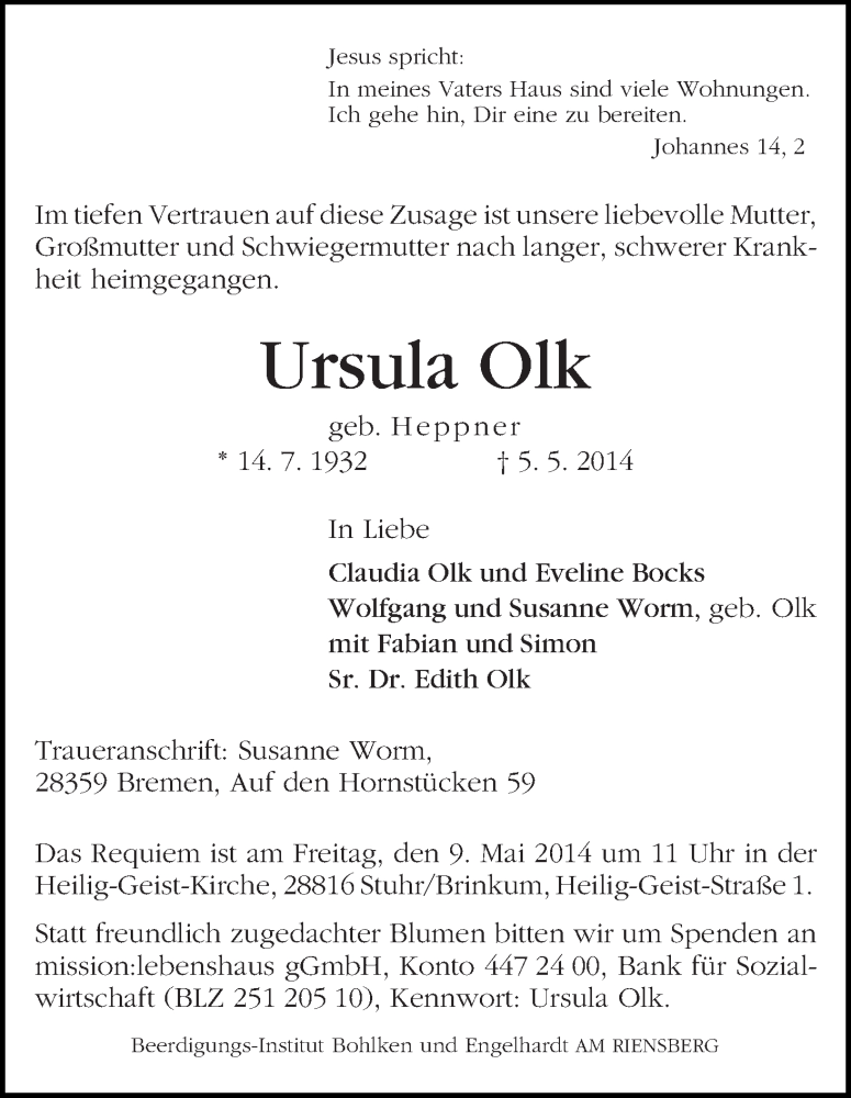 Traueranzeige von Ursula Olk von WESER-KURIER