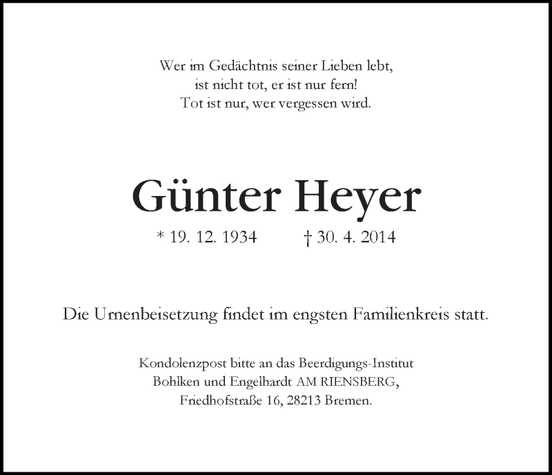 Traueranzeige von Günter Heyer von WESER-KURIER