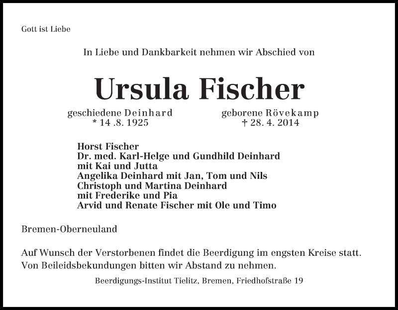 Traueranzeige von Ursula Fischer von WESER-KURIER