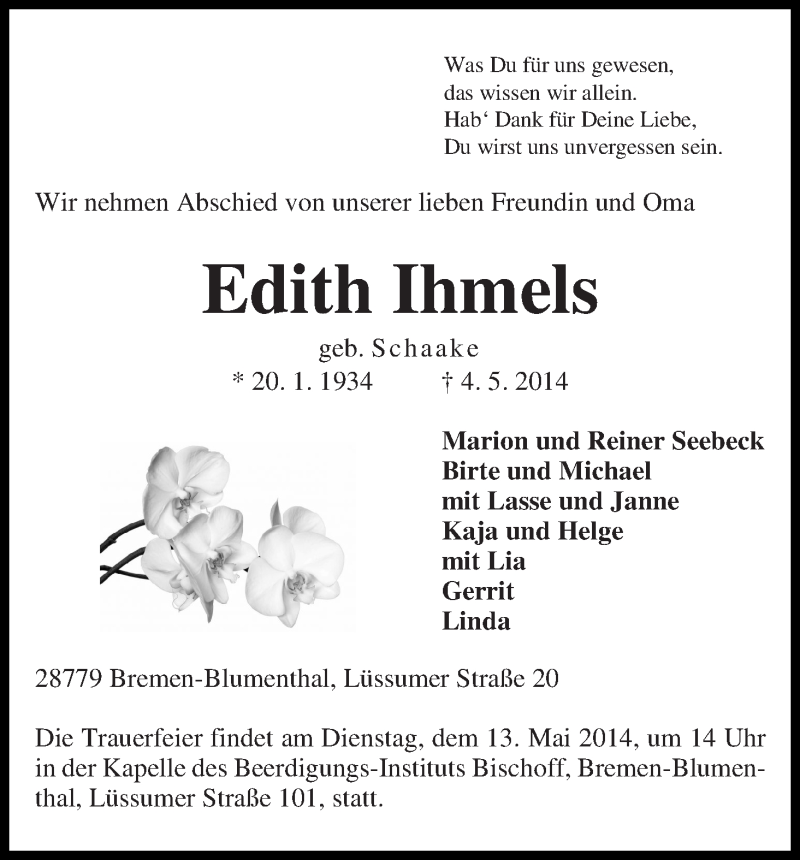 Traueranzeige von Edith Ihmels von Die Norddeutsche