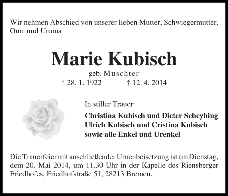 Traueranzeige von Marie Kubisch von WESER-KURIER