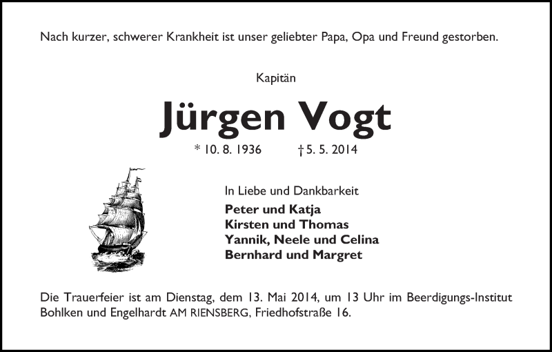 Traueranzeige von Kapitän Jürgen Vogt von WESER-KURIER