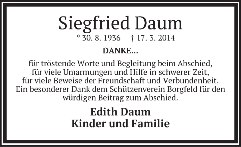 Traueranzeige von Siegfried Daum von WESER-KURIER