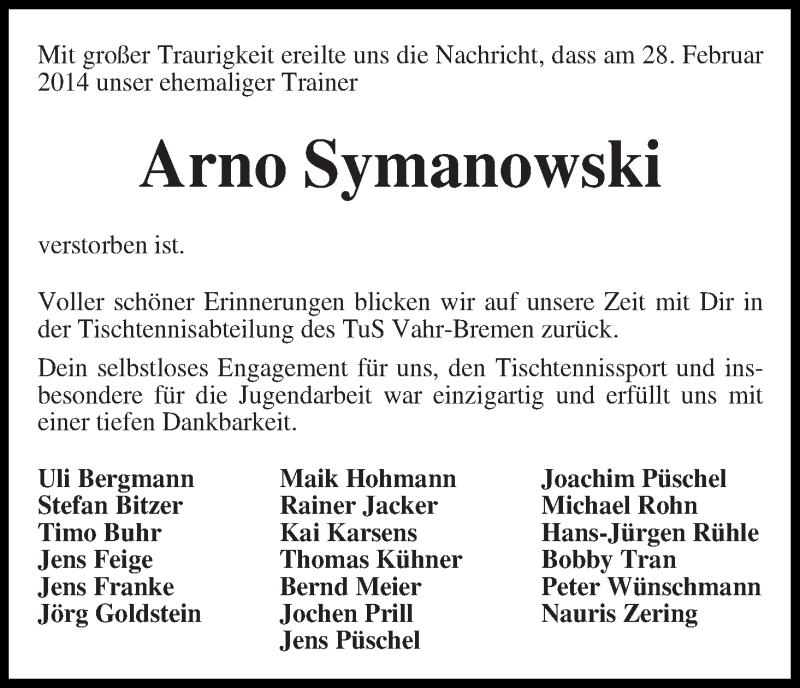 Traueranzeige von Arno Symanowski von WESER-KURIER