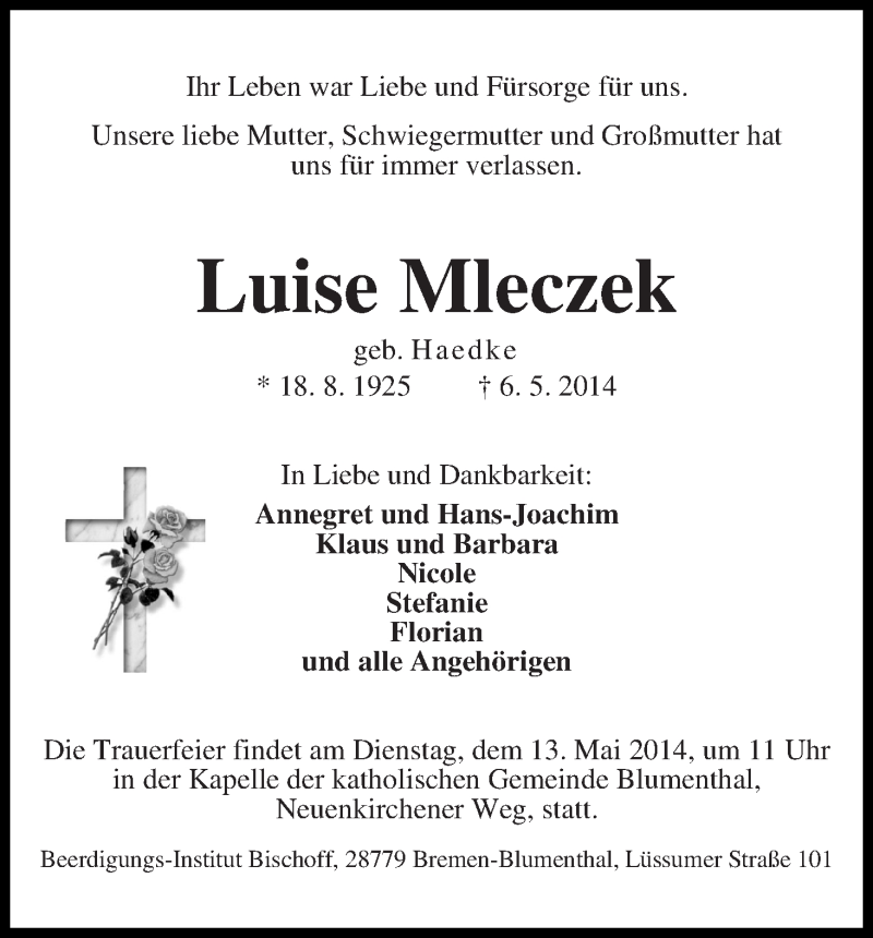 Traueranzeige von Luise Mleczek von Die Norddeutsche