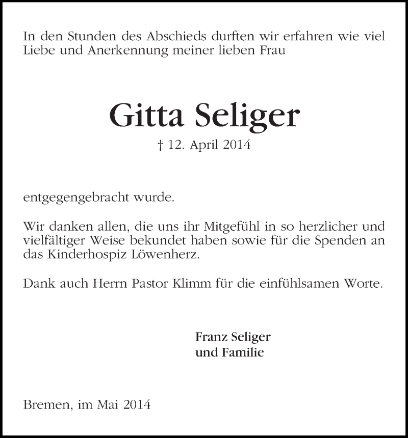 Traueranzeige von Gitta Seliger von WESER-KURIER