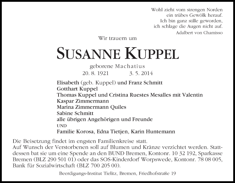 Traueranzeige von Susanne Kuppel von WESER-KURIER