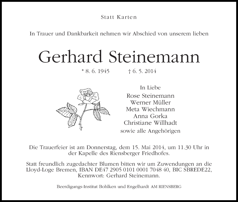 Traueranzeige von Gerhard Steinemann von WESER-KURIER