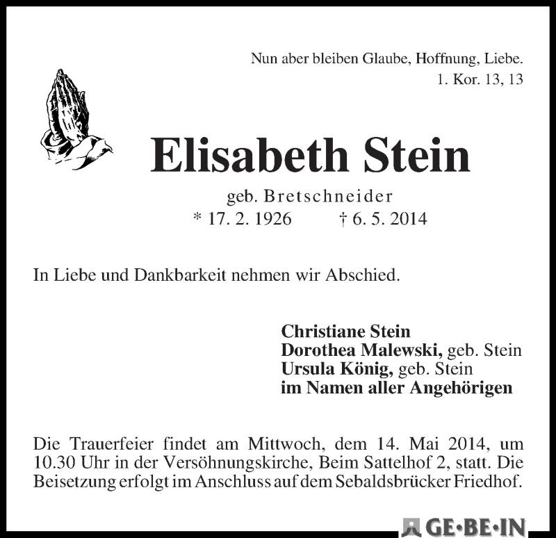 Traueranzeige von Elisabeth Stein von WESER-KURIER