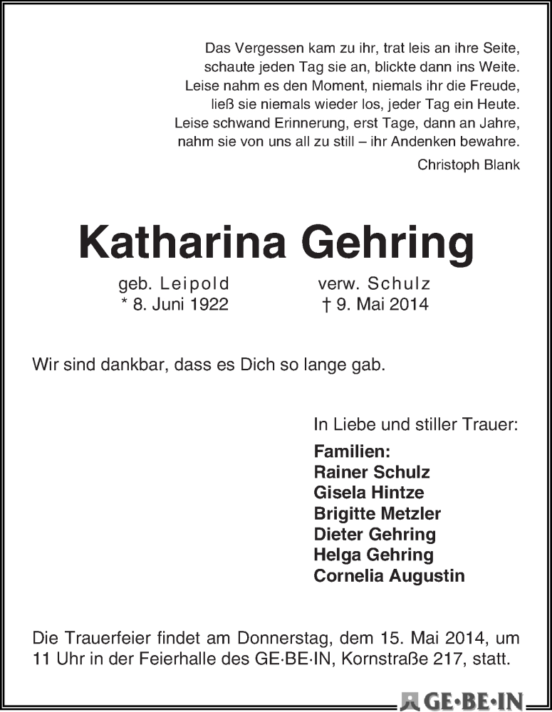 Traueranzeige von Katharina Gehring von WESER-KURIER