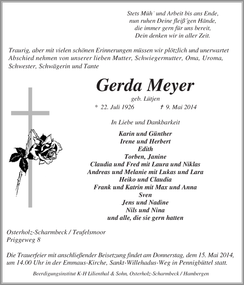 Traueranzeige von Gerda Meyer von Osterholzer Kreisblatt