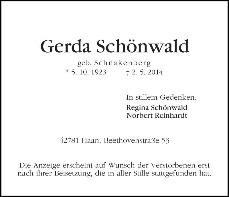 Traueranzeige von Gerda Schönwald von WESER-KURIER