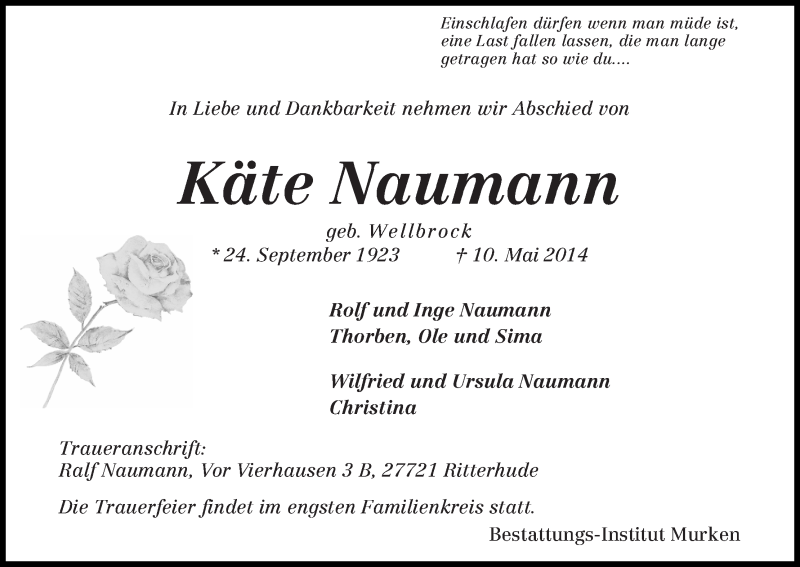 Traueranzeige von Käte Naumann von Osterholzer Kreisblatt
