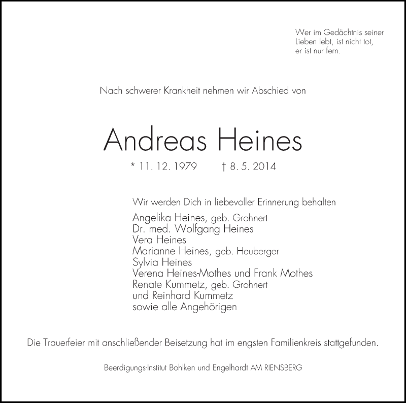 Traueranzeige von Andreas Heines von WESER-KURIER