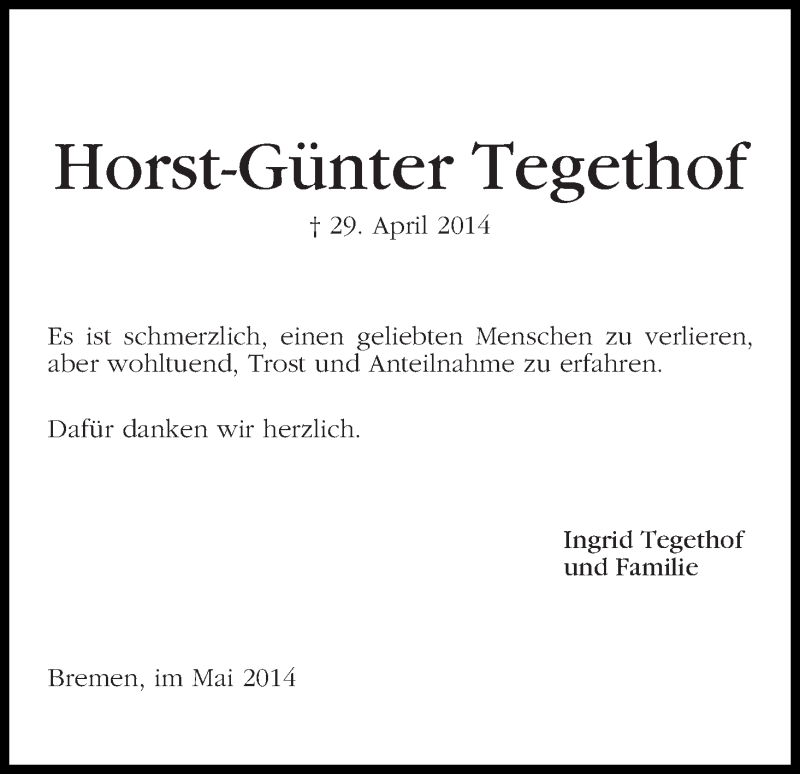 Traueranzeige von Horst-Günter Tegethof von WESER-KURIER