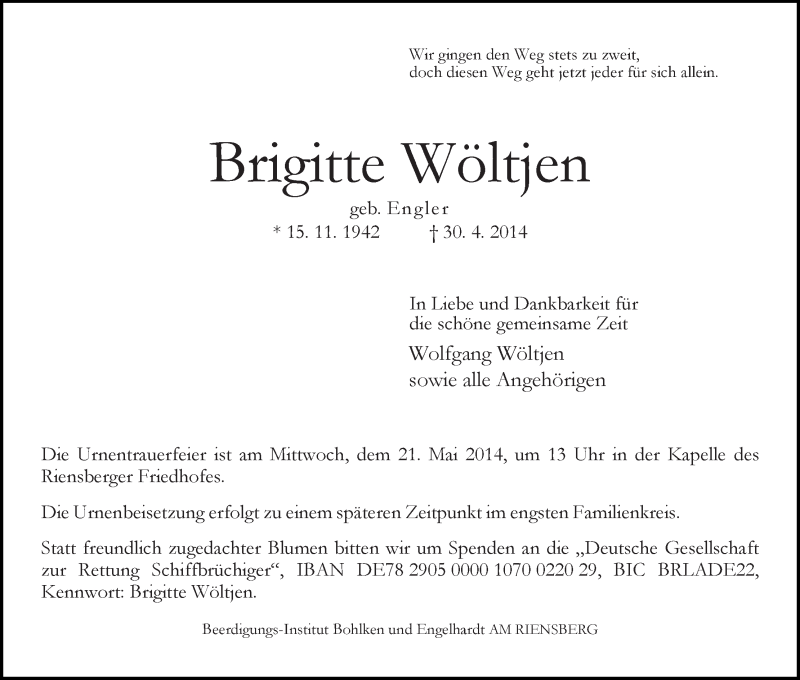 Traueranzeige von Brigitte Wöltjen von WESER-KURIER