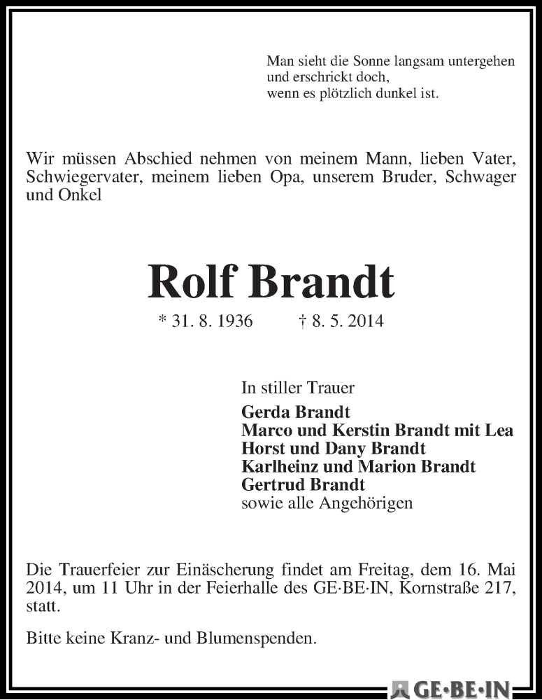 Traueranzeige von Rolf Brandt von WESER-KURIER