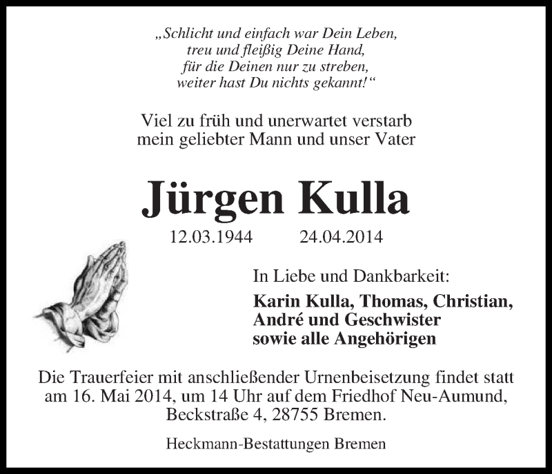 Traueranzeige von Jürgen Kulla von WESER-KURIER