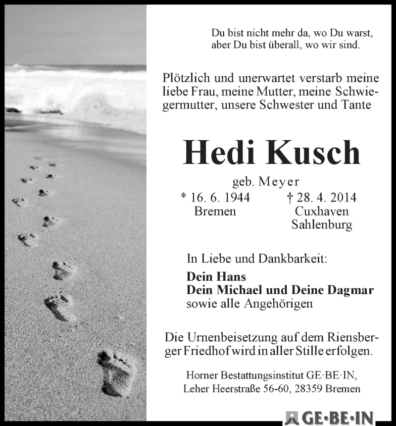 Traueranzeige von Hedi Kusch von WESER-KURIER