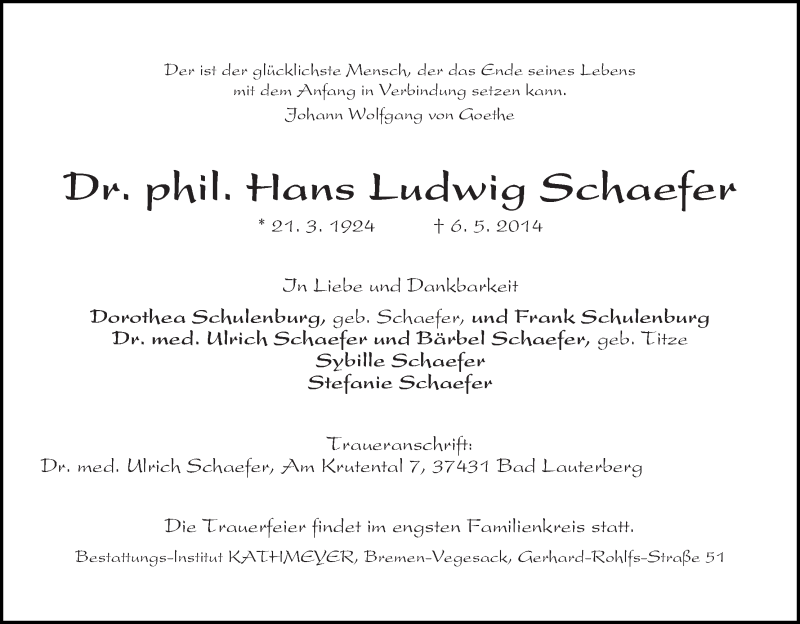 Traueranzeige von Hans Ludwig Schaefer von WESER-KURIER