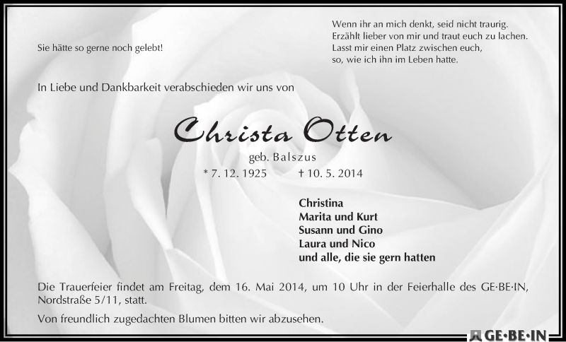 Traueranzeige von Christa Otten von WESER-KURIER