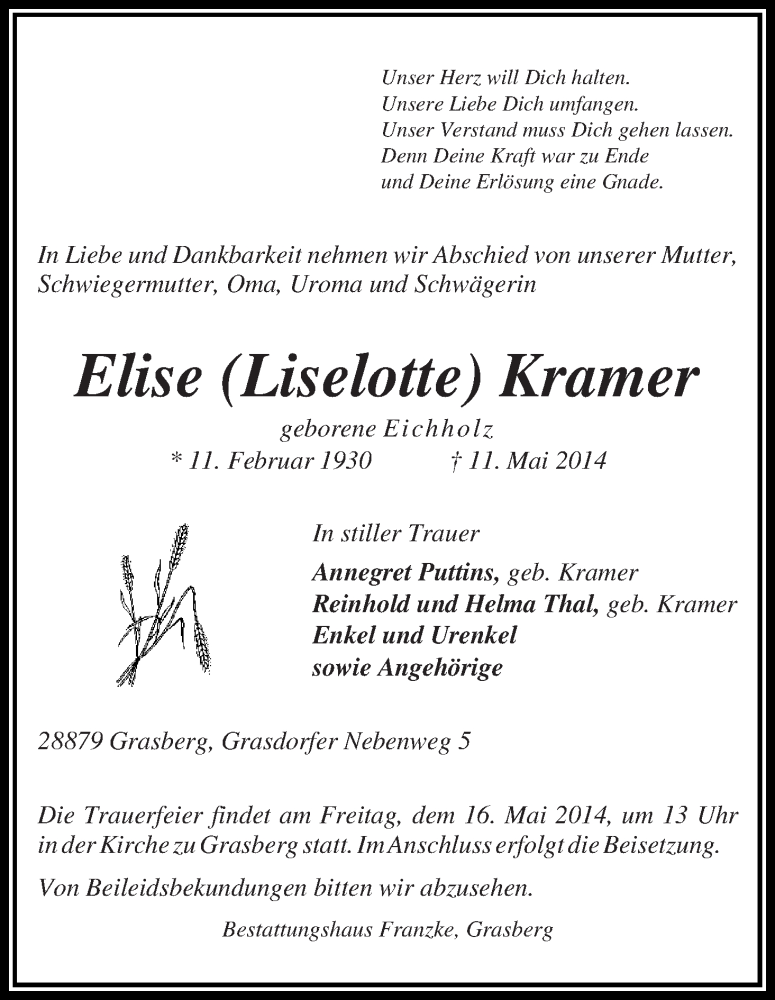 Traueranzeige von Elise (Liselotte) Kramer von Wuemme Zeitung