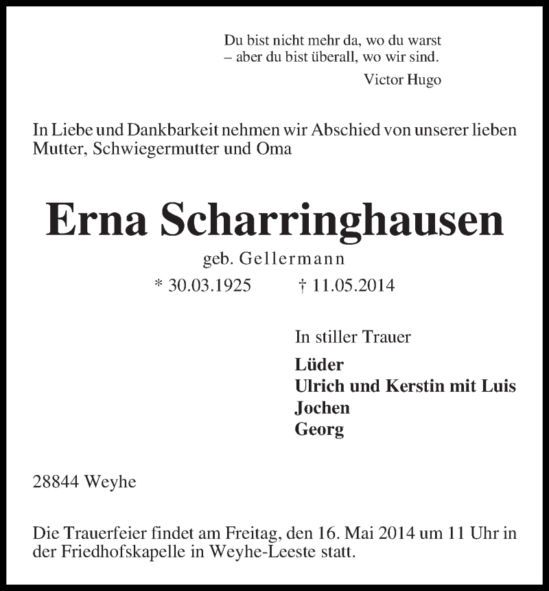 Traueranzeige von Erna Scharringhausen von WESER-KURIER